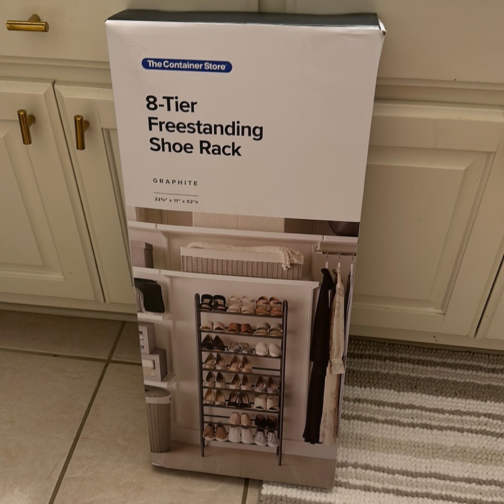Brand new, unopened 8 tier Freestanding shoe rack from “the container store”